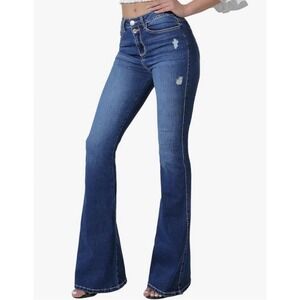 Vipones Flare Jeans Size‎ 6 Distressed Denim Double Button